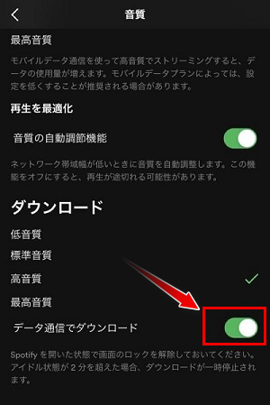 Spotifyでダウンロードできないの対処法その4-データ通信でダウンロードをオンにする
